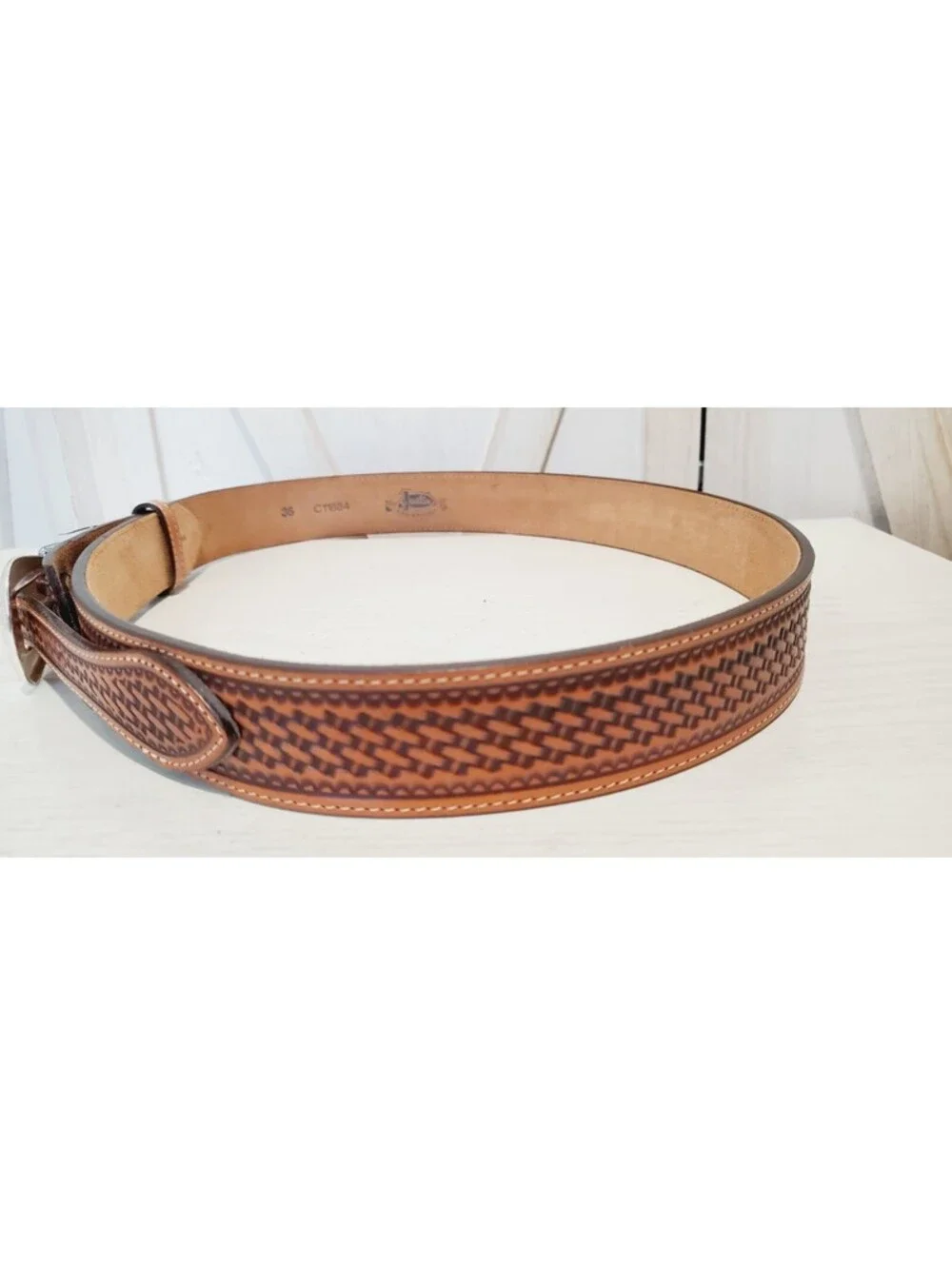Vintage JUSTIN Buckle Belt Western Tapered 36 Brown TOOLED Leather